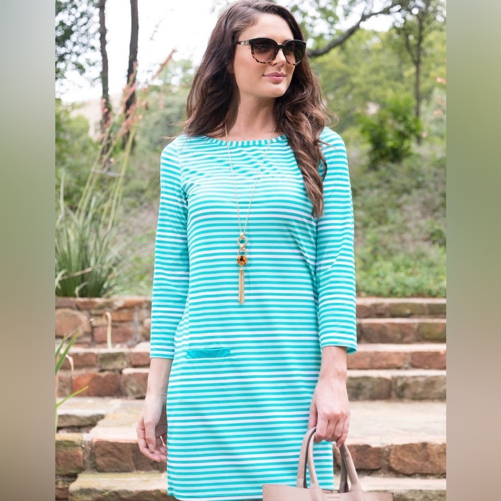 CABANA LIFE Monaco Blue Stripe Cabana Shift Dress 3/4 Sleeves Size Large